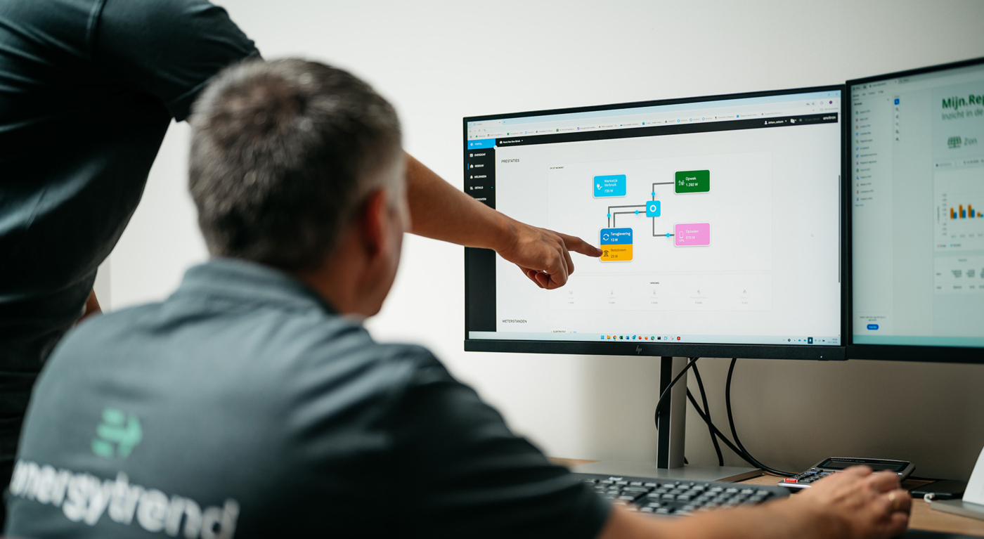 Twee energie specialisten demonstreren energie management systeem (EMS) dashboard op computerscherm